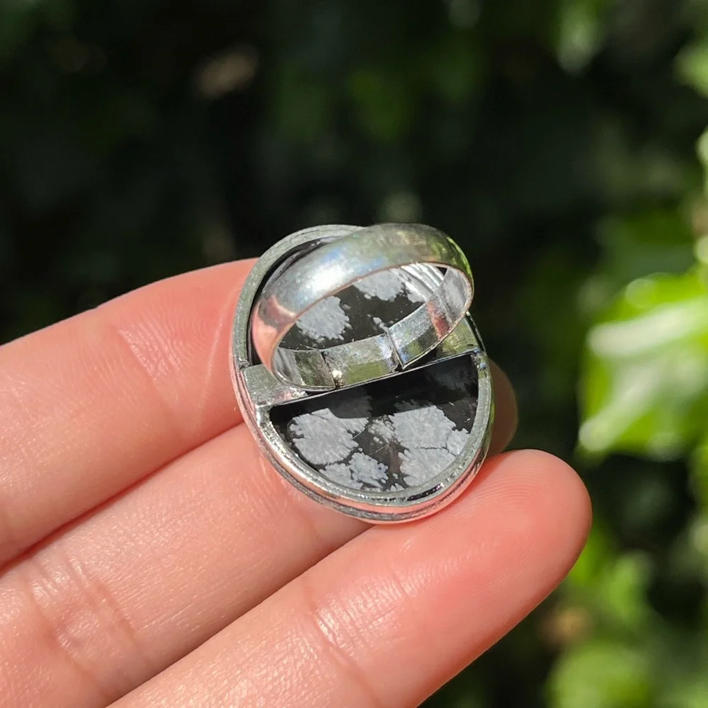Size 6.75 925 silver plated snow flake obsidian ring‎